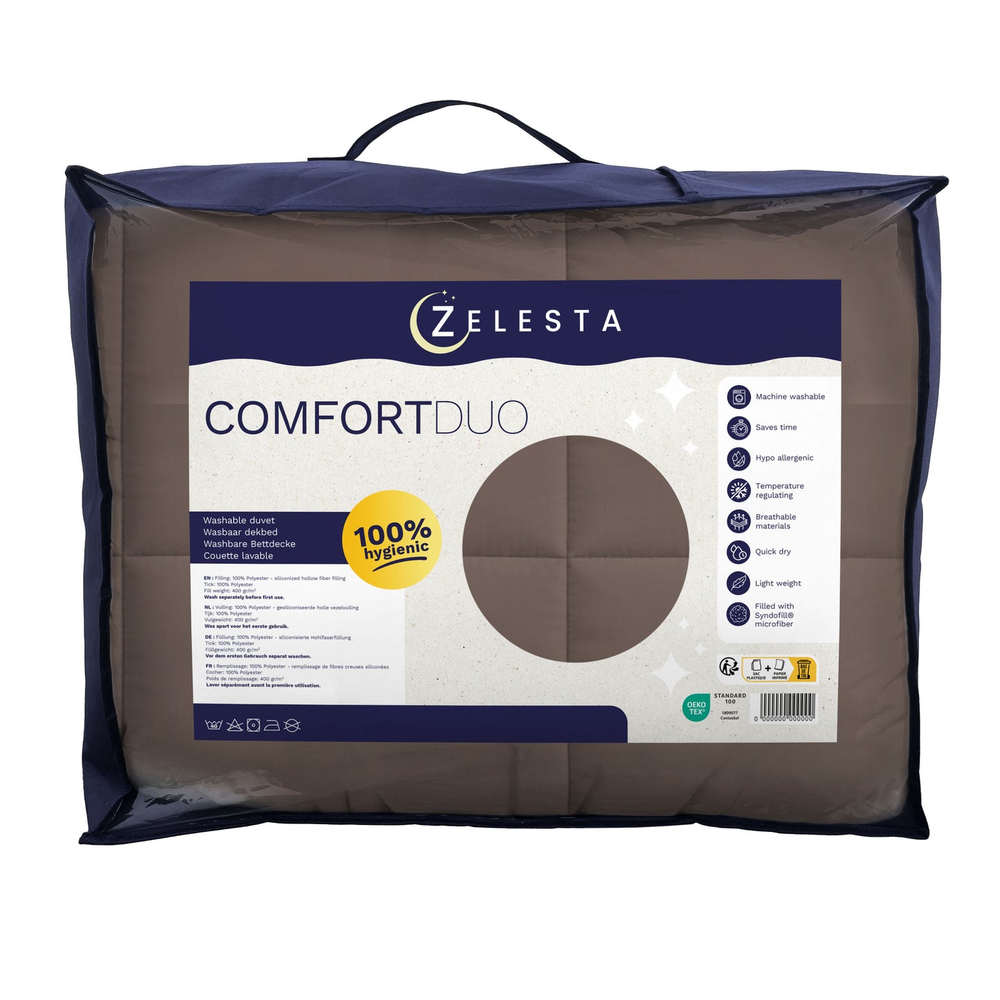 Het Zelesta Comfort Duo Dekbed - Chocolade bruin & Mokka is verpakt in een doorzichtige tas met ritssluiting en productdetails op de voorkant, waardoor het een topper is onder de klassieke dekbedden.