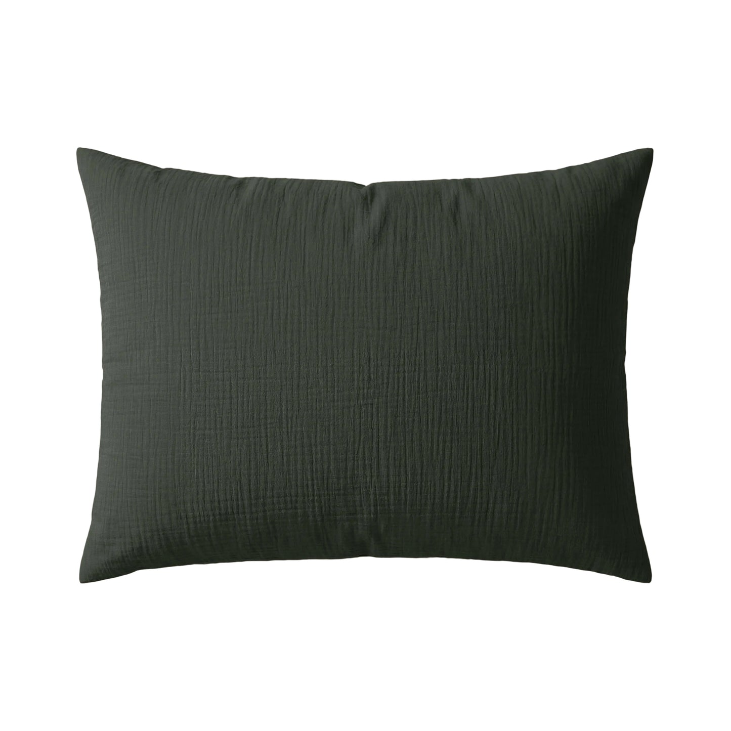 Een set van twee donkergroene Japandibed Katoen Mousseline kussenslopen, met een zachte textuur, wordt weergegeven tegen een effen witte achtergrond - perfect om comfort en Japandi stijl aan je bed toe te voegen.