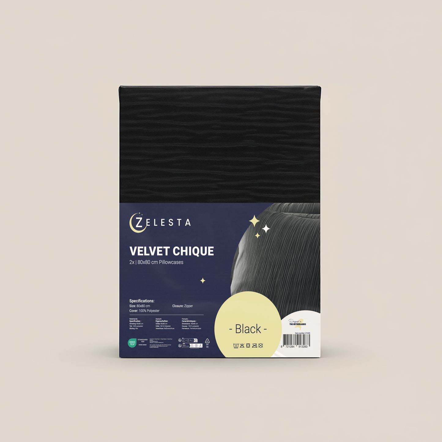 Doos Zelesta Velvetbed Chique Kussensloop Set van 2 in zwart, 100% polyester, met productafbeelding, merknaam en specificaties op de voorkant tegen een neutrale achtergrond. Onderhoudsvriendelijk ontwerp voor gemakkelijk onderhoud.