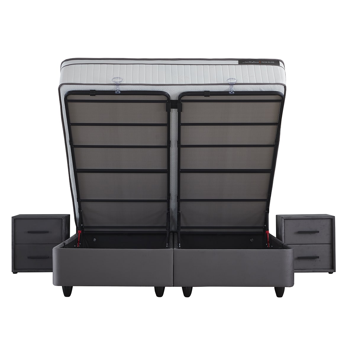 Het Zelesta SkyBedd Odin - Antraciet heeft een matras en is opklapbaar om opbergvakken onder het bed te onthullen, met twee bijpassende nachtkastjes met laden.