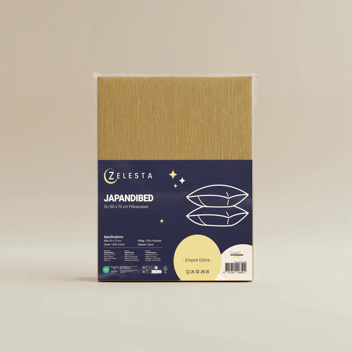 Een set van 2 Japandibed Katoen Mousseline kussenslopen in oker (60x70cm), gemaakt van zachte katoenen mousseline, met productdetails en afbeeldingen van twee kussens op het label.