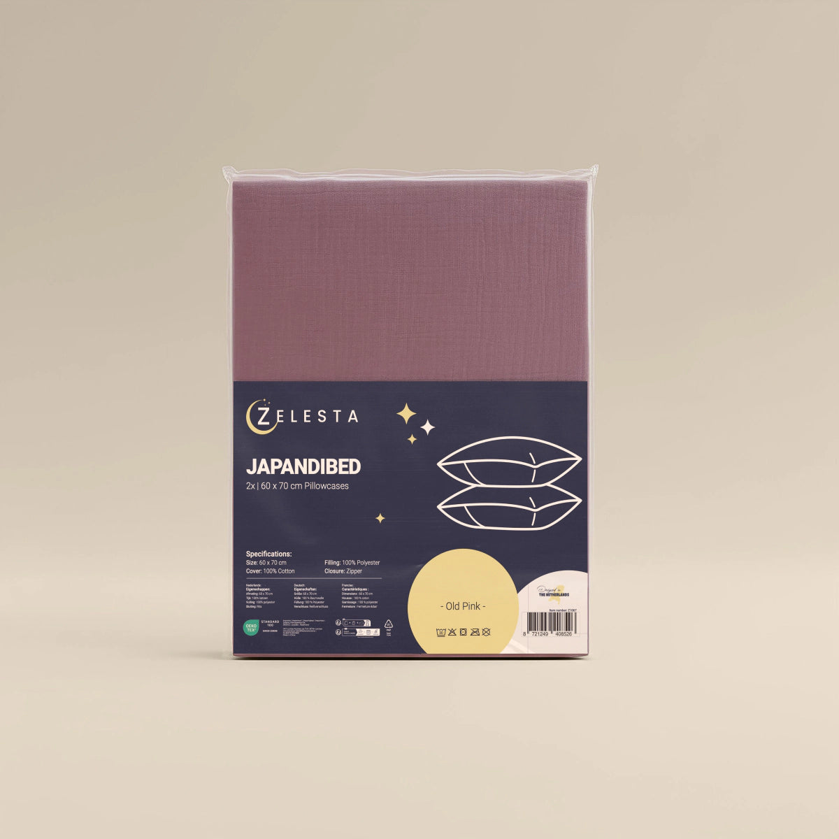 Een set van 2 Japandibed Katoen Mousseline kussenslopen in oudroze, gemaakt van zacht katoen, met productgegevens en afbeeldingen van twee kussens op de verpakking.