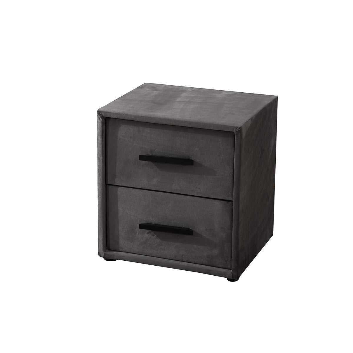 Het Zelesta SkyBedd Odin - Antraciet Nachtkastje is een compact, vierkant nachtkastje in donkergrijs, met twee lades en zwarte handgrepen, bekleed met luxe 3D-geweven stof, geïsoleerd afgebeeld tegen een witte achtergrond.