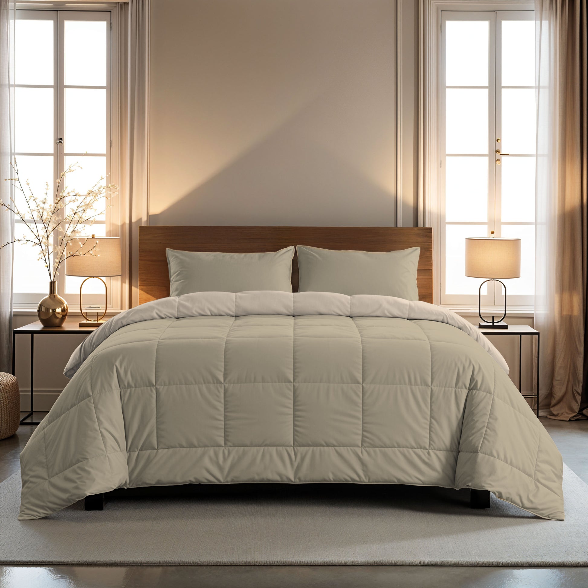 Een netjes opgemaakt bed met het Zelesta Comfort Duo Dekbed in taupe & champagne en twee kussens, tegen een houten hoofdeinde tussen twee ramen met beige gordijnen en bijpassende bedlampjes.