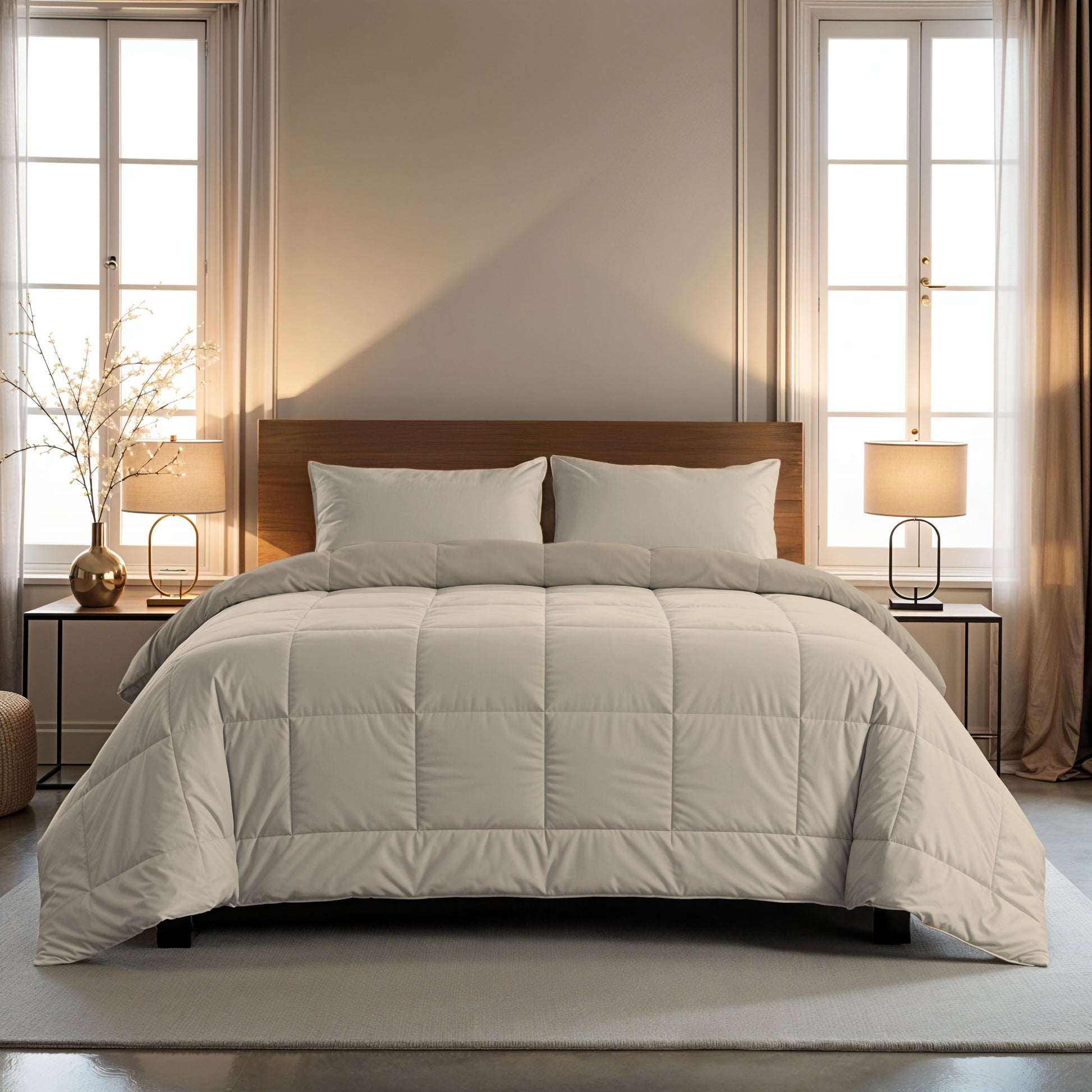 Een netjes opgemaakt bed met het Zelesta Comfort Duo Dekbed in Taupe & Champagne en twee kussens, gecentreerd tussen ramen met gordijnen, geflankeerd door nachtkastjes en tafellampen.