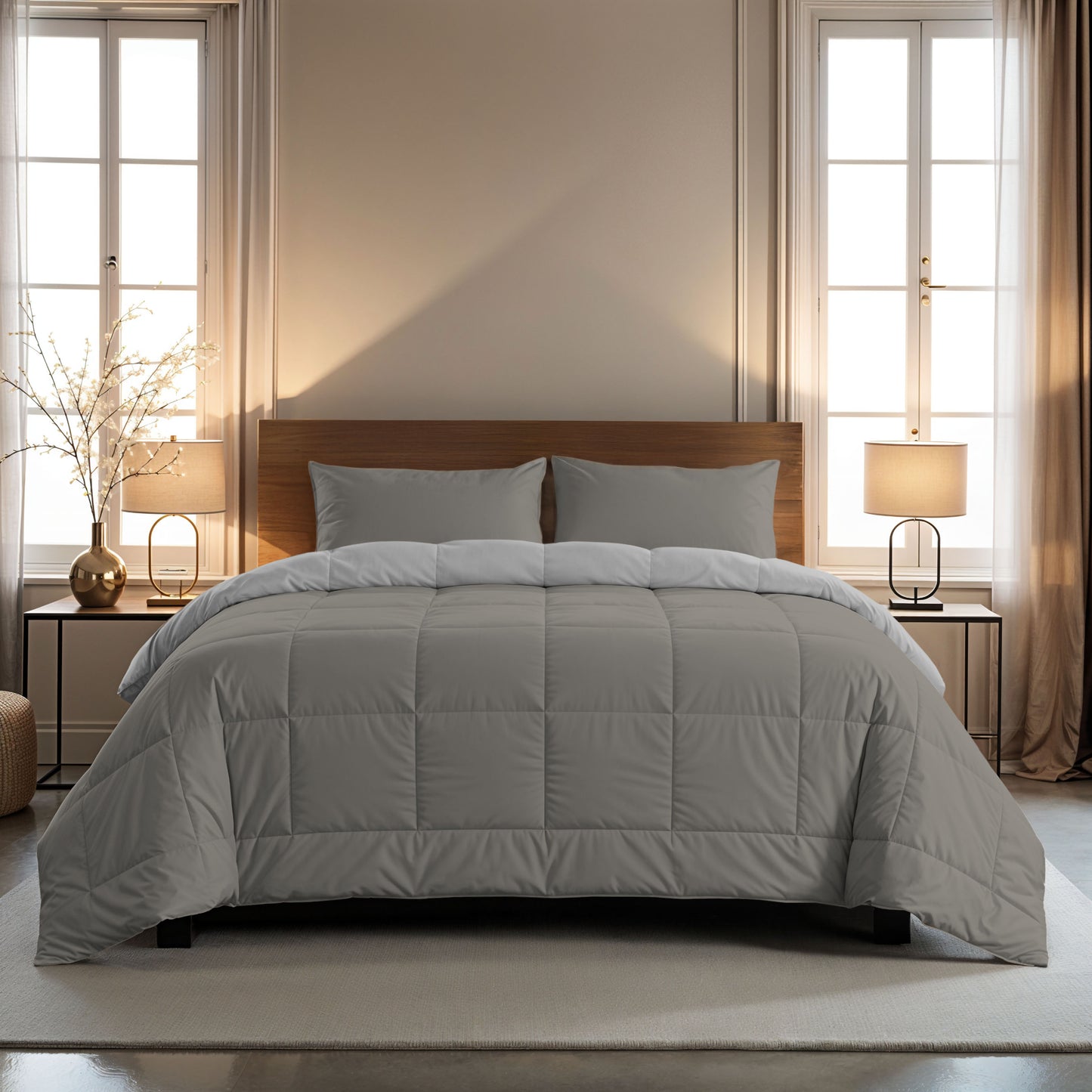 Een netjes opgemaakt bed met een grijs dekbed en twee Zelesta Comfort Duo Kussenslopen - Grijs (60x70cm), geflankeerd door ramen, nachtkastjes, lampen en lichtbeige gordijnen in een zacht verlichte slaapkamer met zachte microvezeltexturen.