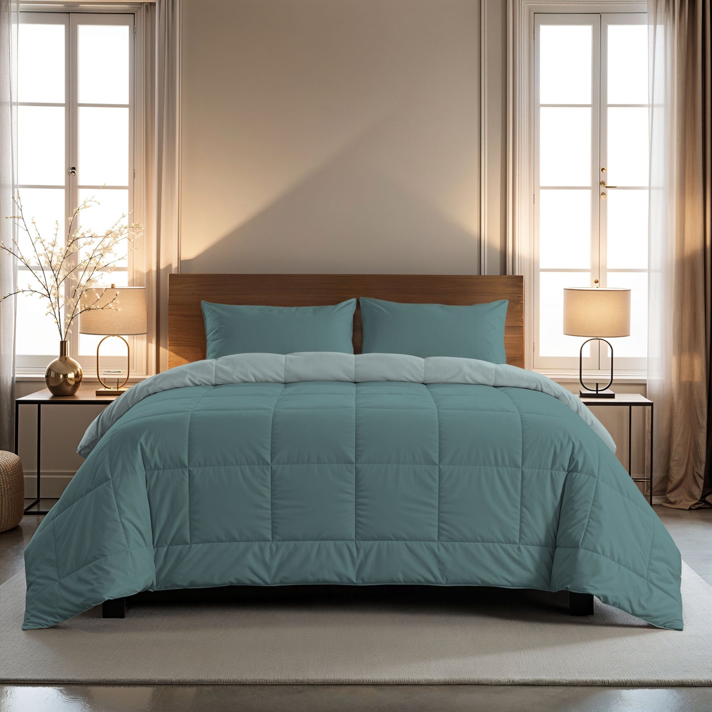 Een keurig opgemaakt bed met een groenblauw dekbed en Zelesta Comfort Duo Kussensloop - Mineraal, gecentreerd tussen twee ramen met beige gordijnen, geflankeerd door nachtkastjes en tafellampen in een zacht verlichte slaapkamer.