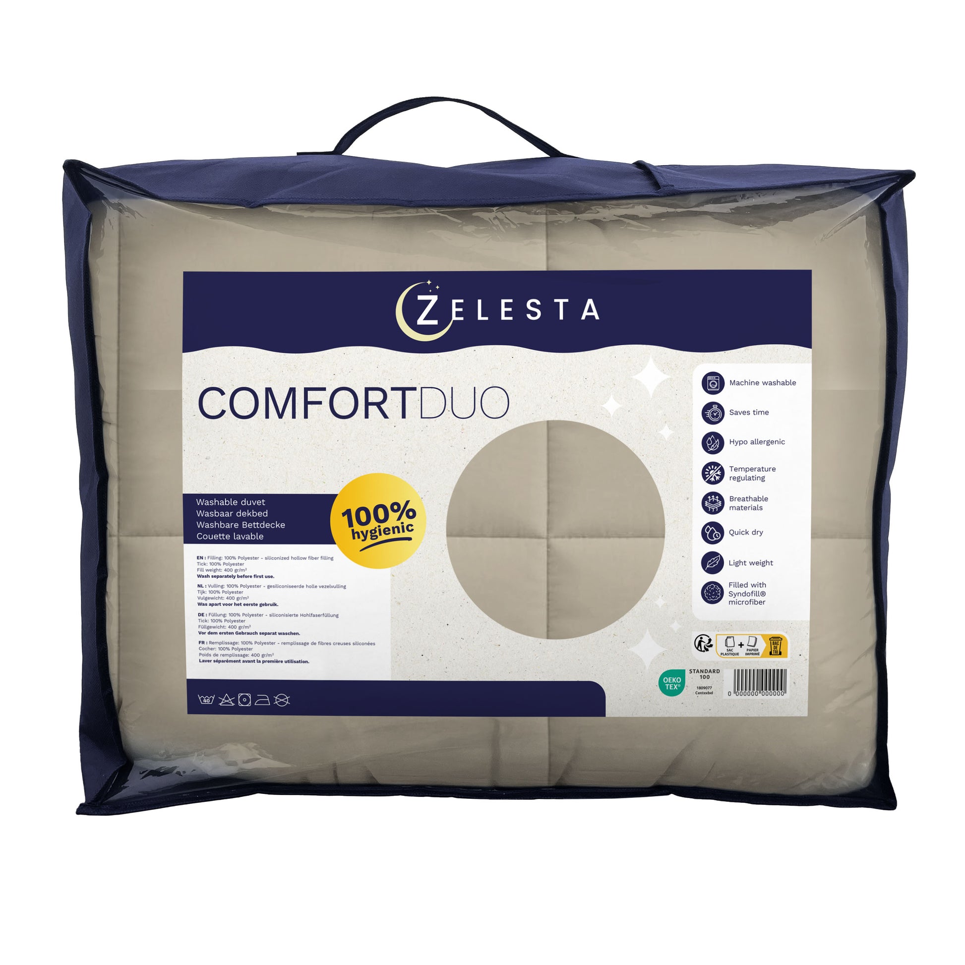 Een verpakt Zelesta Comfort Duo Dekbed - Taupe & Champagne in een marineblauw en doorzichtig zakje, met productdetails zoals gebruik in alle seizoenen, machinewasbaar en 100% hygiënisch.