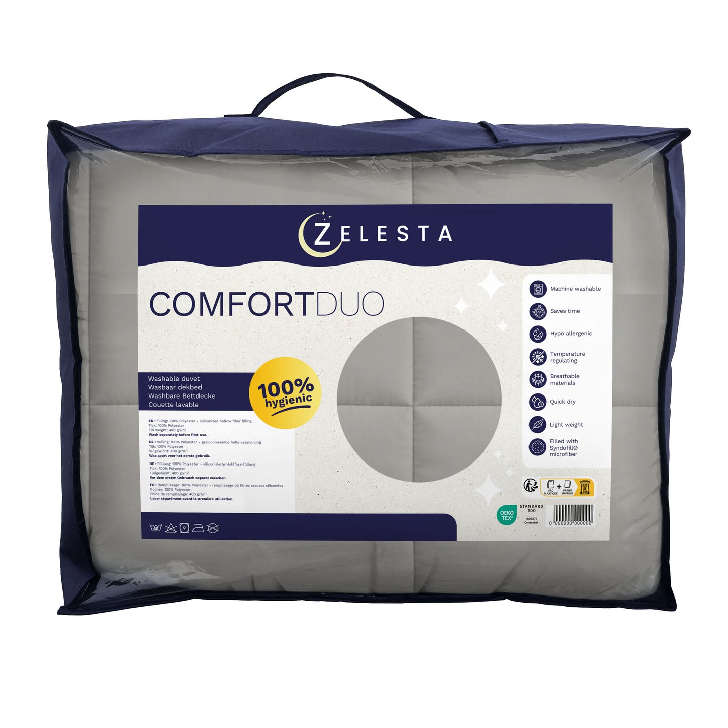Het Zelesta Comfort Duo Dekbed - Grijs & Zacht grijs is verpakt in een grijs etui met rits en productinformatie op de voorkant - ideaal voor liefhebbers van klassieke dekbedden en een vast overtrek.