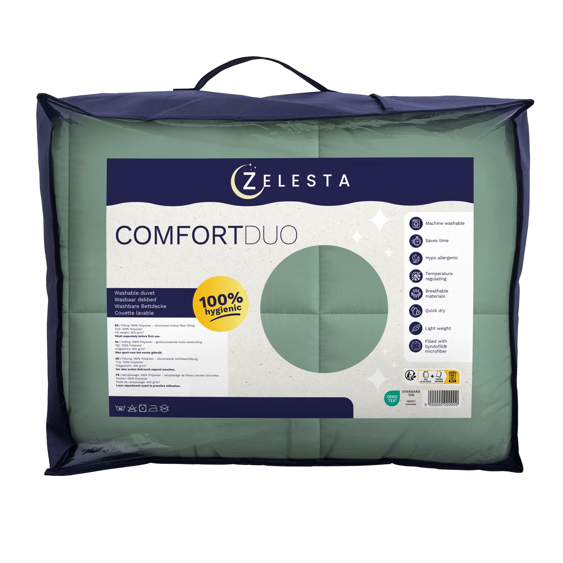 Een verpakt Zelesta Comfort Duo Dekbed - Mintgroen & Lichtgroen in een doorzichtige draagtas met een donkere rand, productdetails en een geel 100% hygiënisch label-ideaal als klassiek dekbed met vaste overtrek.