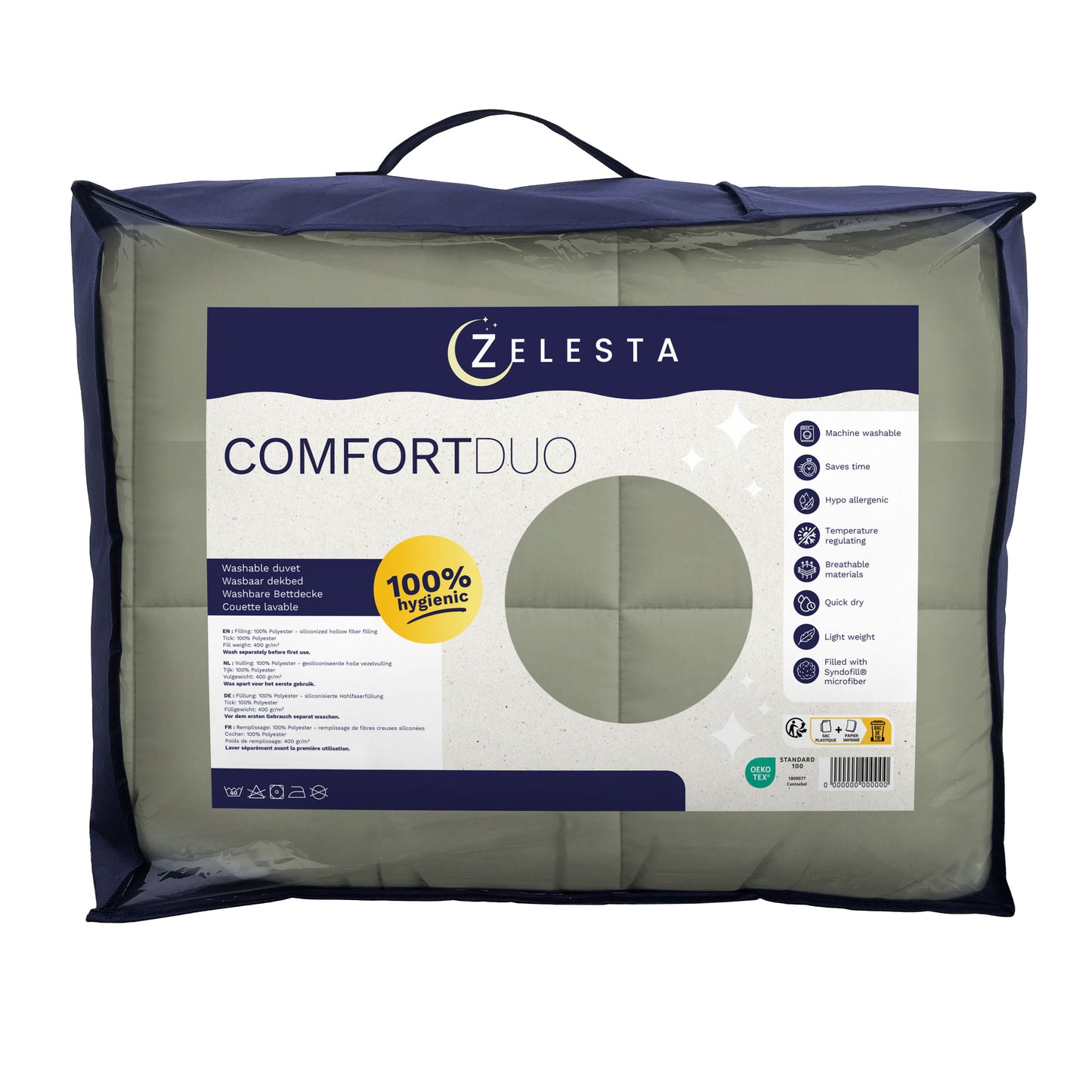 Een verpakt Zelesta Comfort Duo Dekbed - Olijfgroen & Crème all-season wasbaar dekbed in een doorzichtige plastic zak met een blauwe rand, productinformatie en een gele 100% hygiënische badge op de voorkant.