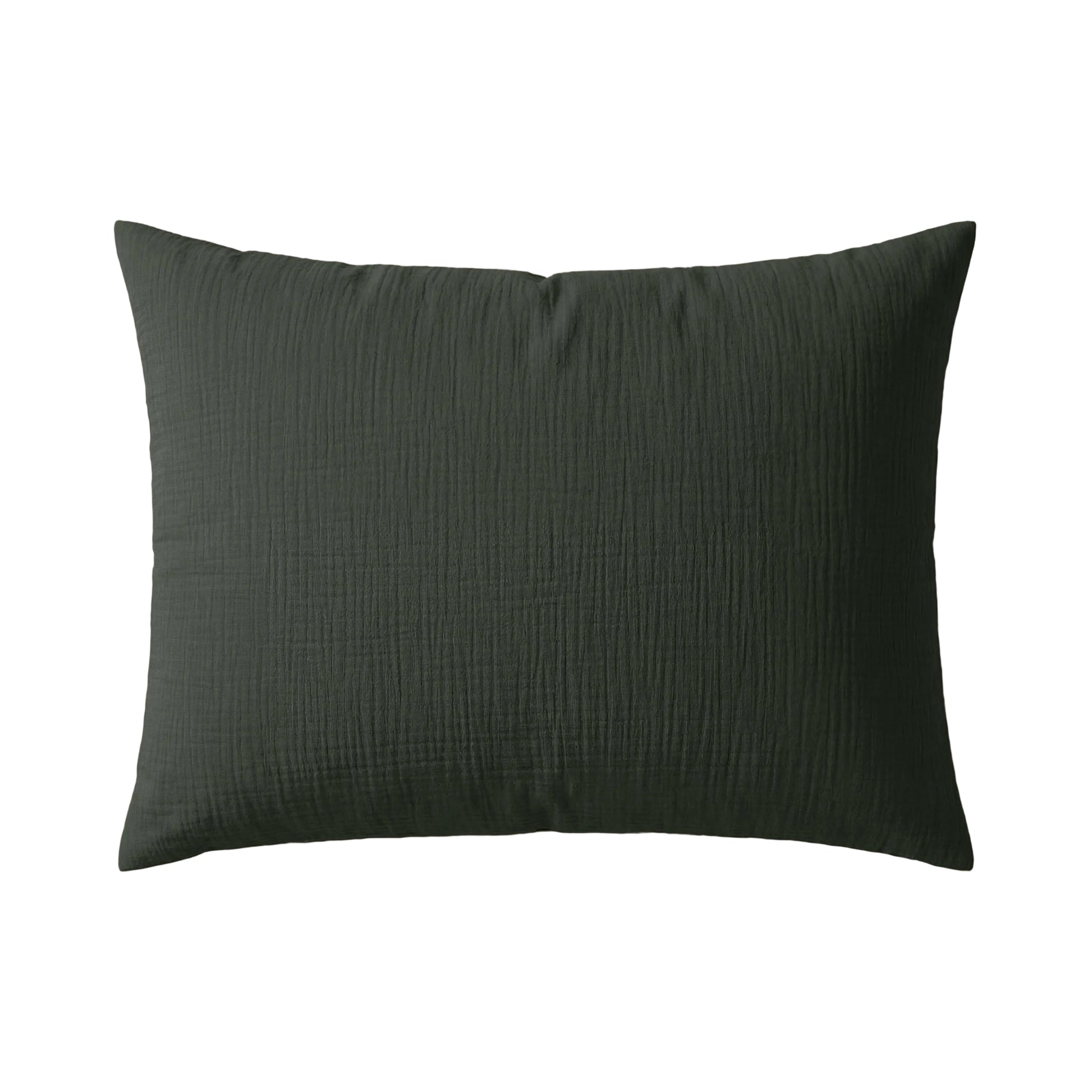 Een set van twee donkergroene Japandibed Katoen Mousseline kussenslopen, met een zachte textuur, wordt weergegeven tegen een effen witte achtergrond - perfect om comfort en Japandi stijl aan je bed toe te voegen.