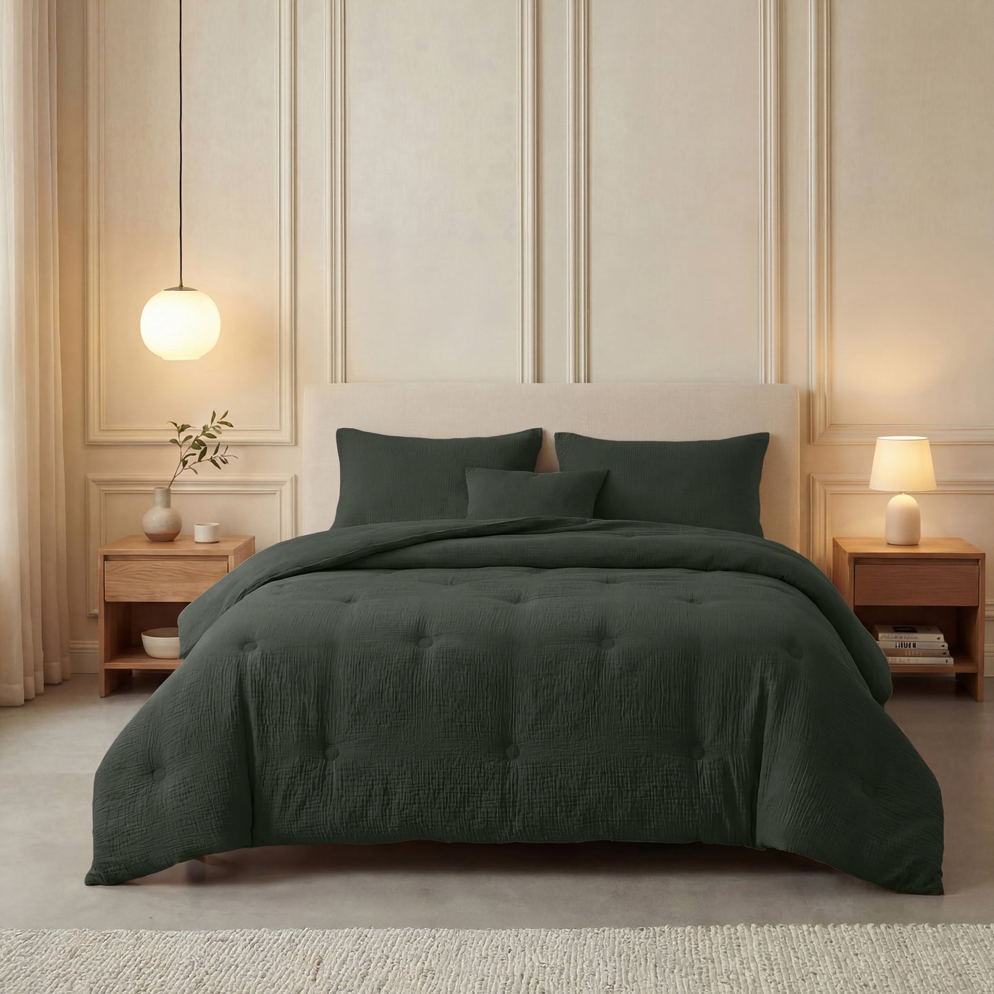 Een keurig opgemaakt bed met de Zelesta Japandibed Katoen Mousseline - Groen, geflankeerd door houten nachtkastjes met lampen, staat in een zacht verlichte, minimalistische slaapkamer.