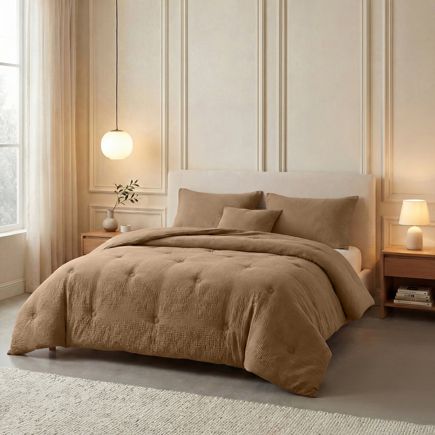 Een keurig opgemaakt bed met de Zelesta Japandibed Katoen Mousseline in bruin, twee nachtkastjes met lampen en een raam met transparante gordijnen in een zacht verlichte slaapkamer.