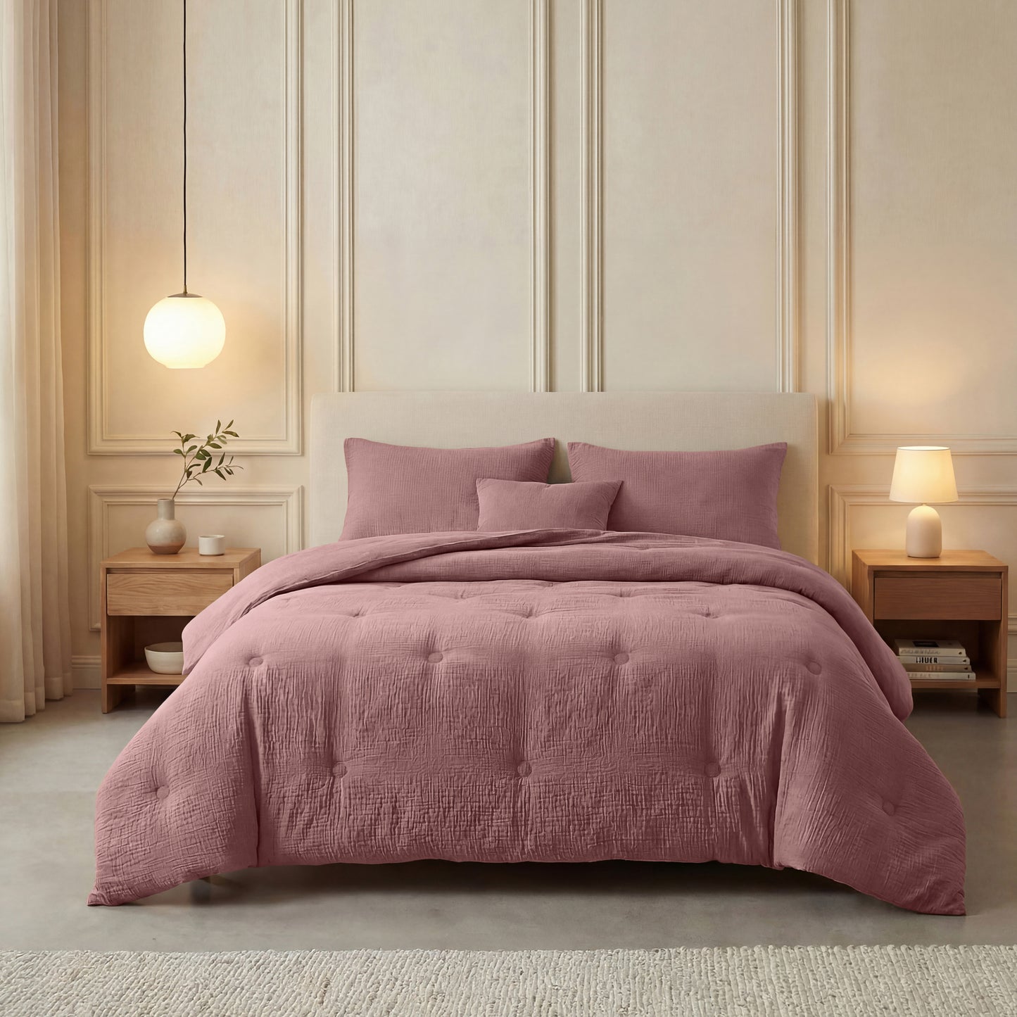 Een netjes opgemaakt bed met de Zelesta Japandibed Katoen Mousseline - Old Pink en bijpassende kussens, geflankeerd door twee houten nachtkastjes met lampen, in een minimale, zacht verlichte slaapkamer.