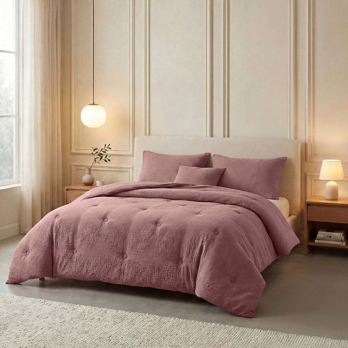 Een netjes opgemaakt bed met de Zelesta Japandibed Katoen Mousseline in Oudroze, met bijpassende kussens, staat tussen twee houten nachtkastjes met lampen in een zacht verlichte, neutraal getinte slaapkamer.