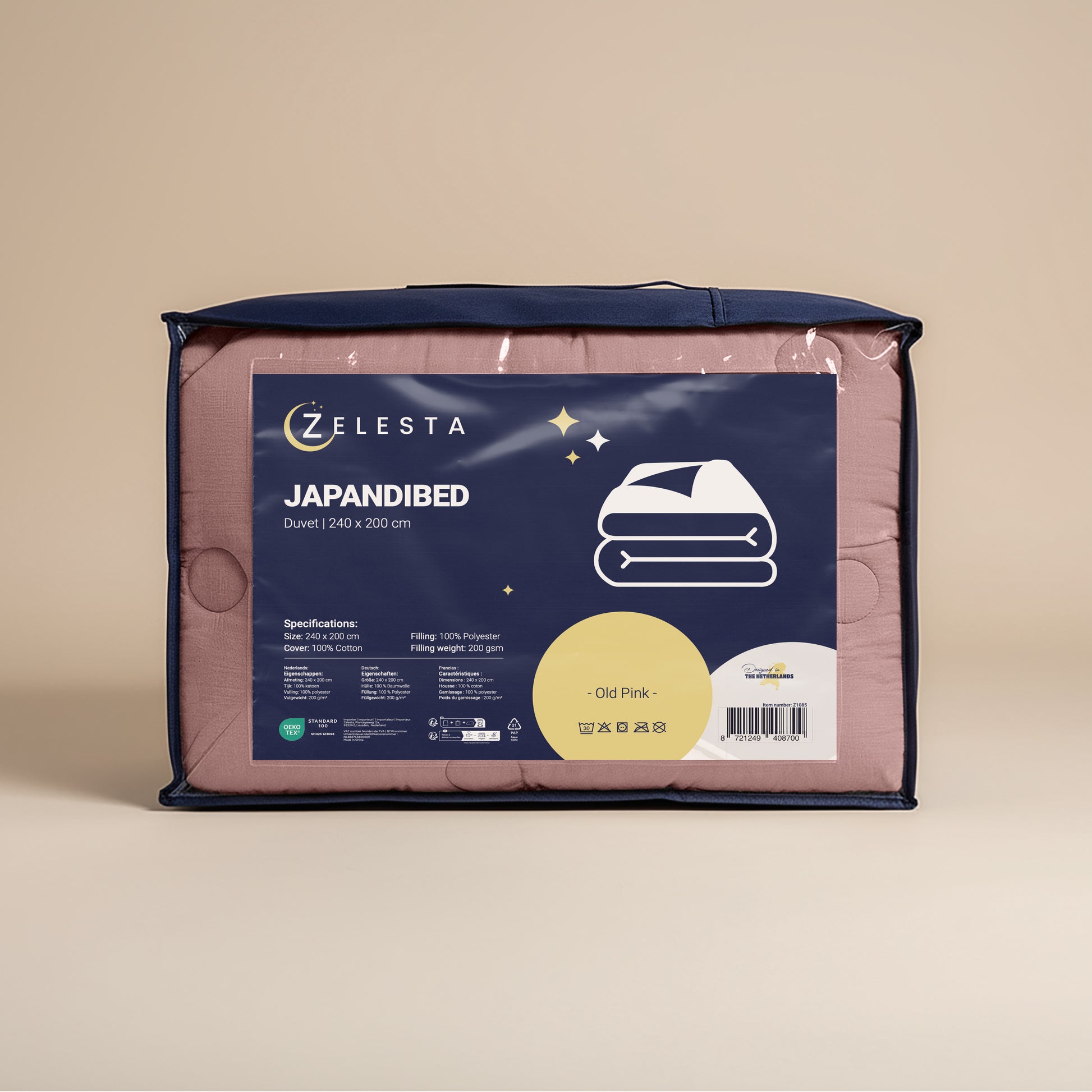 Een Zelesta Japandibed Katoen Mousseline in Oudroze, afmeting 240 x 200 cm, gemaakt van zacht mousseline katoen, wordt verpakt getoond tegen een neutrale achtergrond.