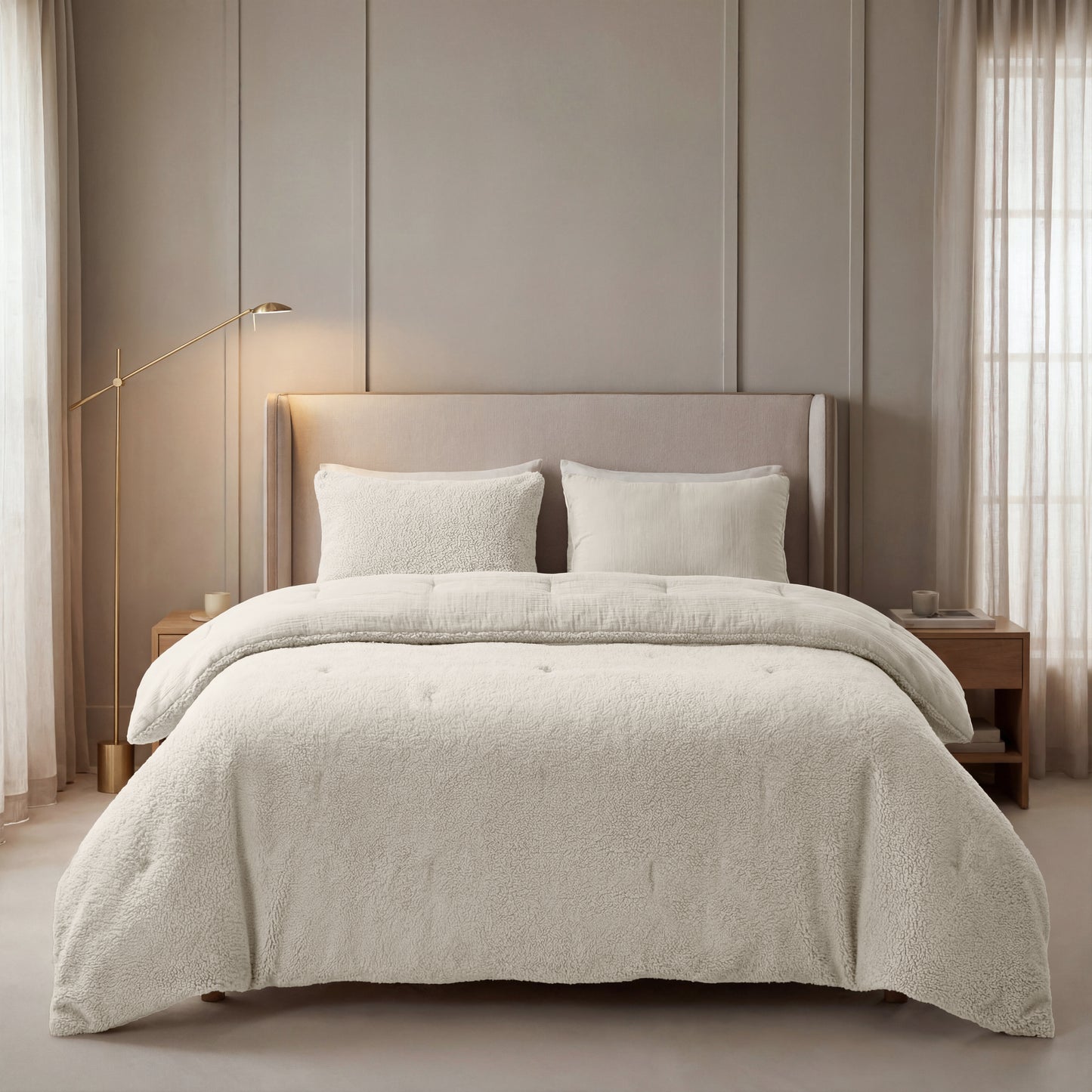 Een netjes opgemaakt bed met een lichtbeige hoofdeinde, Zelesta Teddy Katoen Mousseline - Beige beddengoed, twee kussens en houten nachtkastjes in een neutraal getinte slaapkamer met transparante gordijnen.