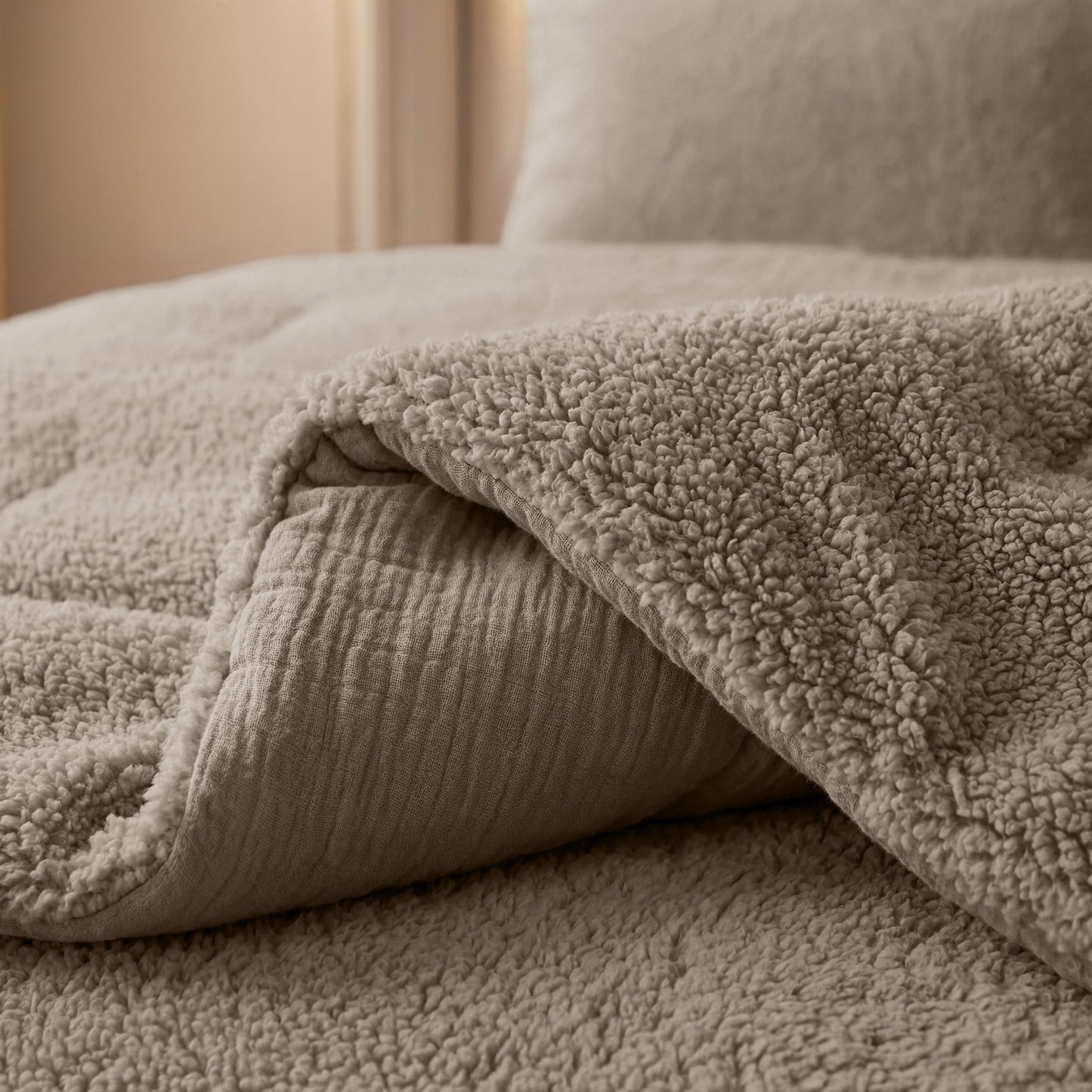 Een close-up van de Zelesta Teddy Katoen Mousseline - Taupe, een temperatuurregulerende beige sherpa fleecedeken, opgevouwen op een bijpassende sprei met een kussen op de achtergrond.