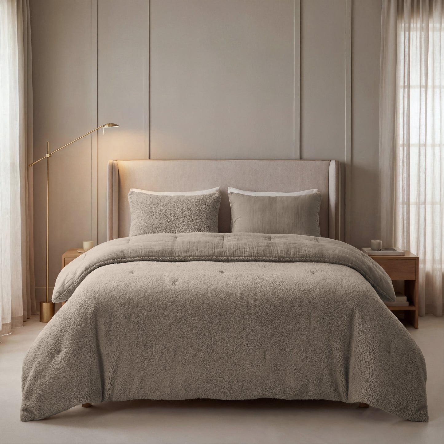 Een netjes opgemaakt bed met Zelesta Teddy Katoen Mousseline - Taupe beddengoed, twee kussens en een getuft hoofdeinde wordt geflankeerd door houten nachtkastjes en een gouden staande lamp in een zacht verlichte slaapkamer.