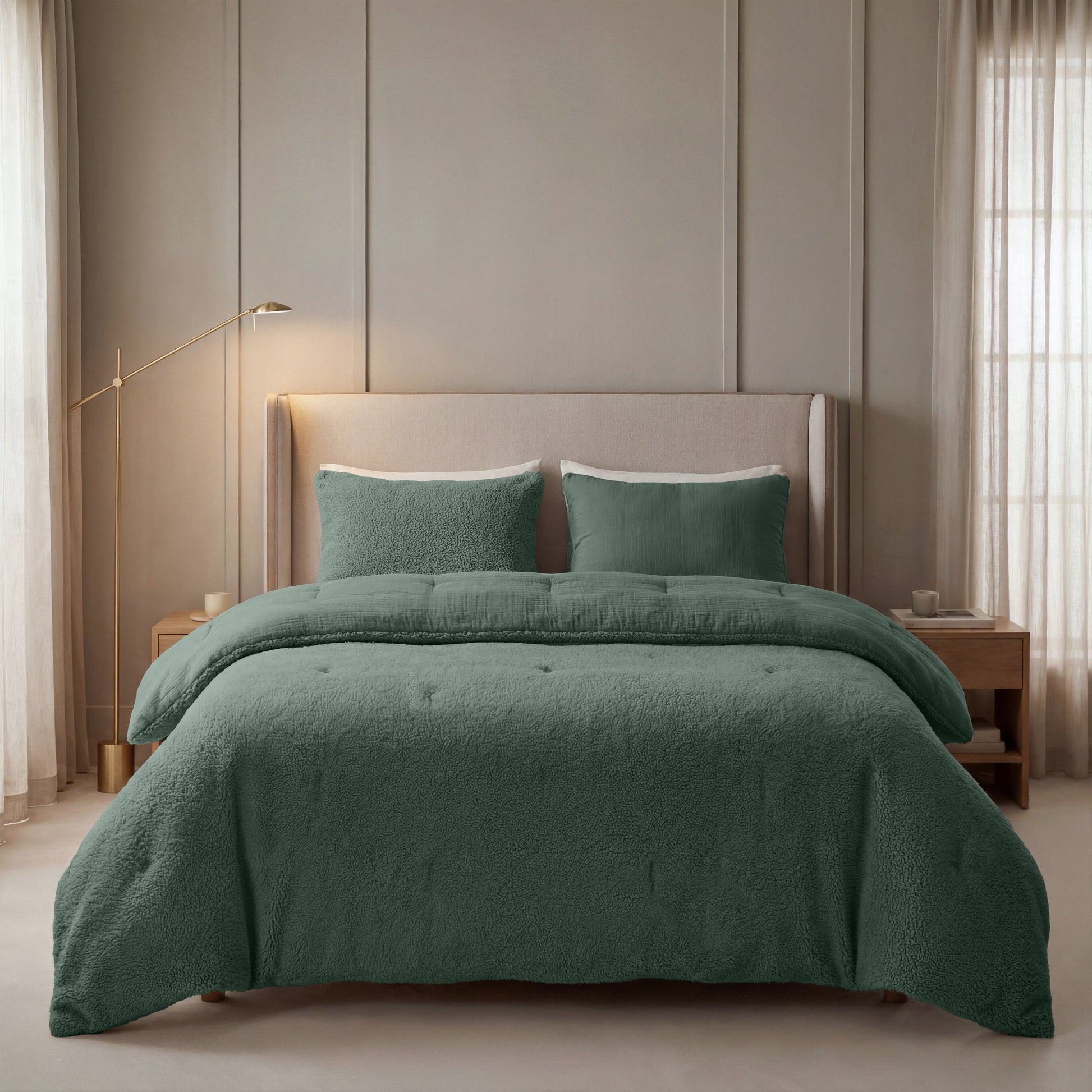 Een netjes opgemaakt bed met de Zelesta Teddy Katoen Mousseline - Groen en bijpassende kussens, geflankeerd door houten nachtkastjes en een gouden staande lamp, in een neutraal getinte slaapkamer met transparante gordijnen.