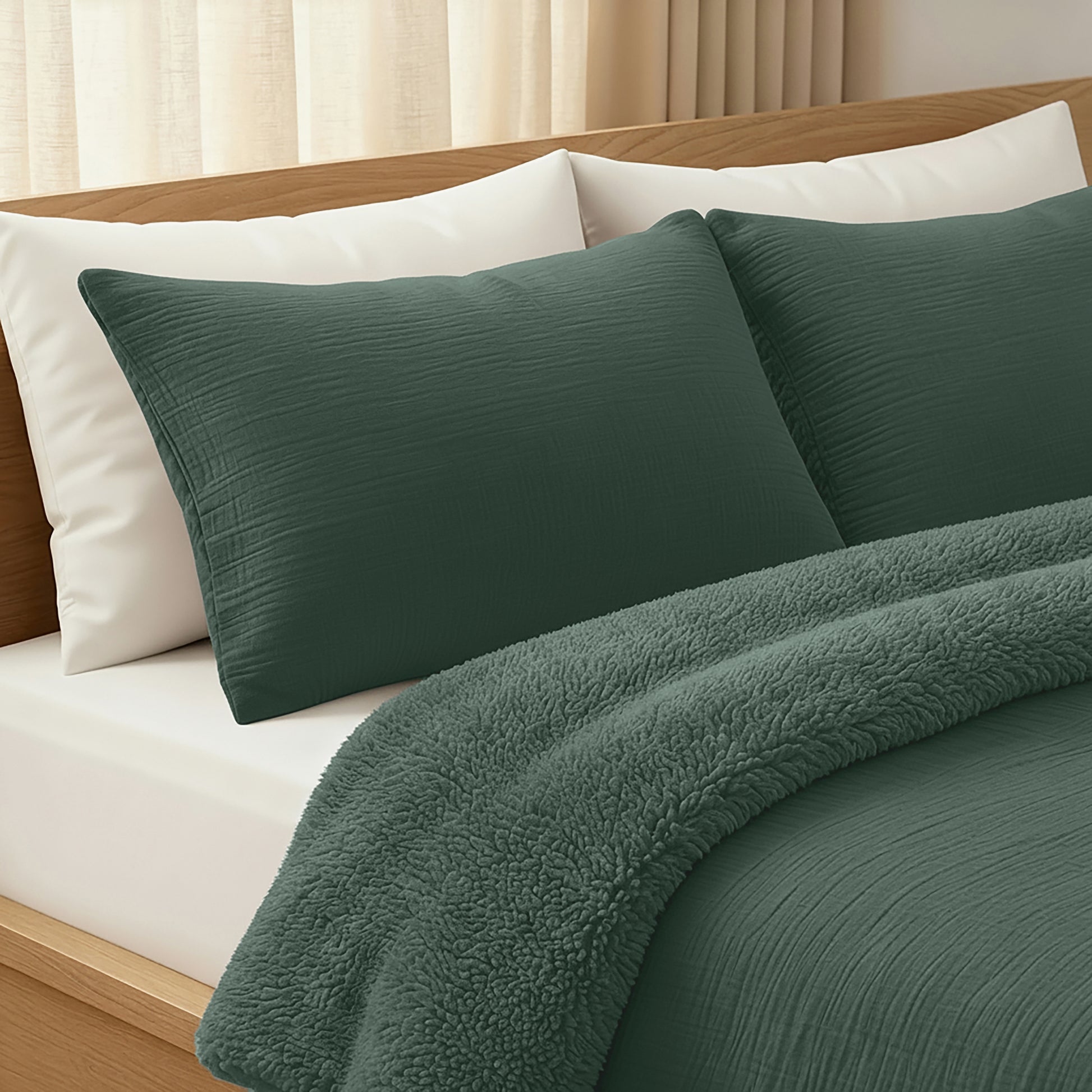 Een keurig opgemaakt bed met witte lakens, twee donkergroene kussens en het Zelesta Teddy Katoen Mousseline - Green dekbed, alles tegen een houten hoofdeinde en beige gordijnen.