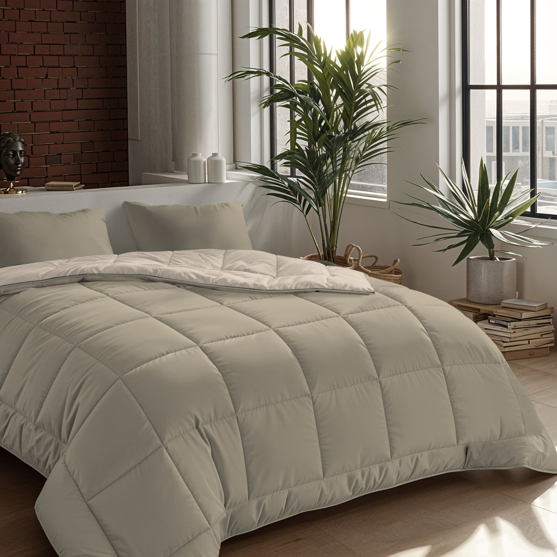 Een netjes opgemaakt bed met het Zelesta Comfort Duo Dekbed in Taupe & Champagne fleurt een moderne slaapkamer op met grote ramen, een bakstenen muur, planten in potten en natuurlijk licht.