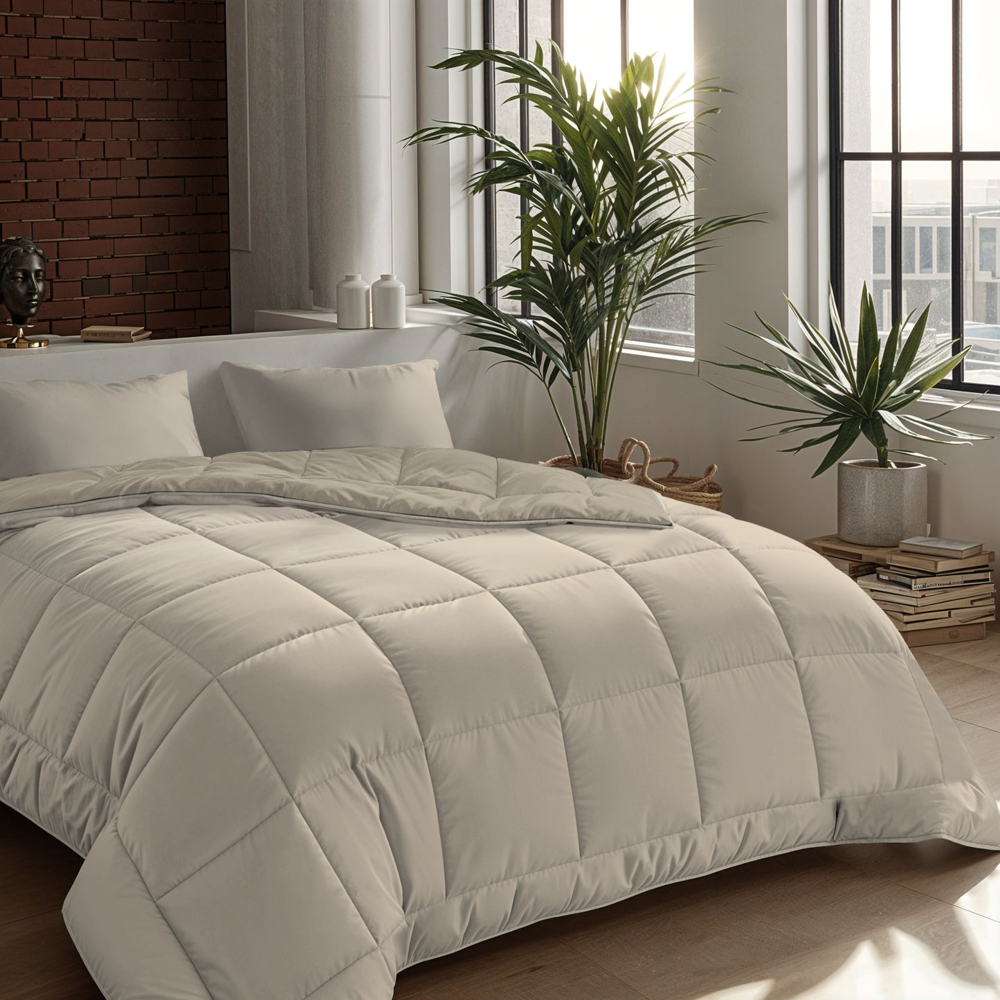 Een stijlvol bed met het Zelesta Comfort Duo Dekbed in Taupe & Champagne, geplaatst in een moderne slaapkamer met grote ramen, planten in potten en binnenvallend zonlicht.