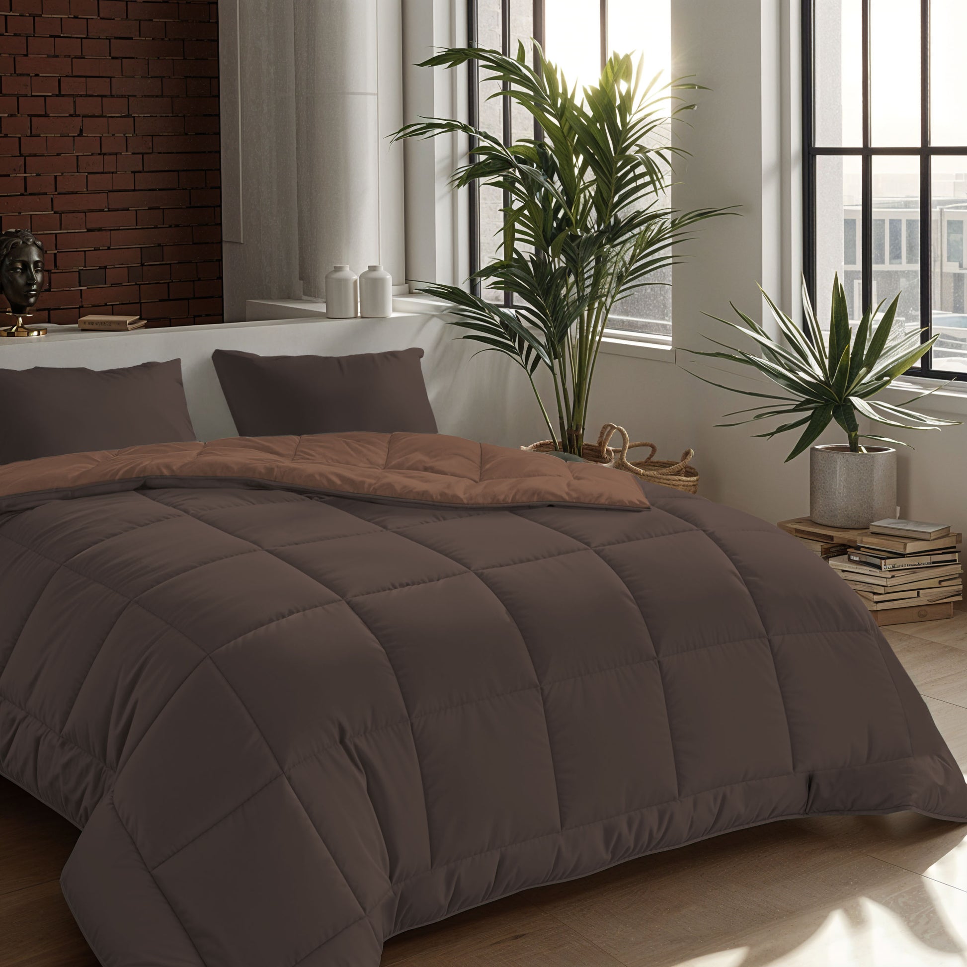 Een keurig opgemaakt bed toont het Zelesta Comfort Duo Dekbed in chocolade bruin & mokka met bijpassende kussens, in een moderne kamer met grote ramen, planten en boeken - ideaal voor wie houdt van comfort het hele seizoen door.