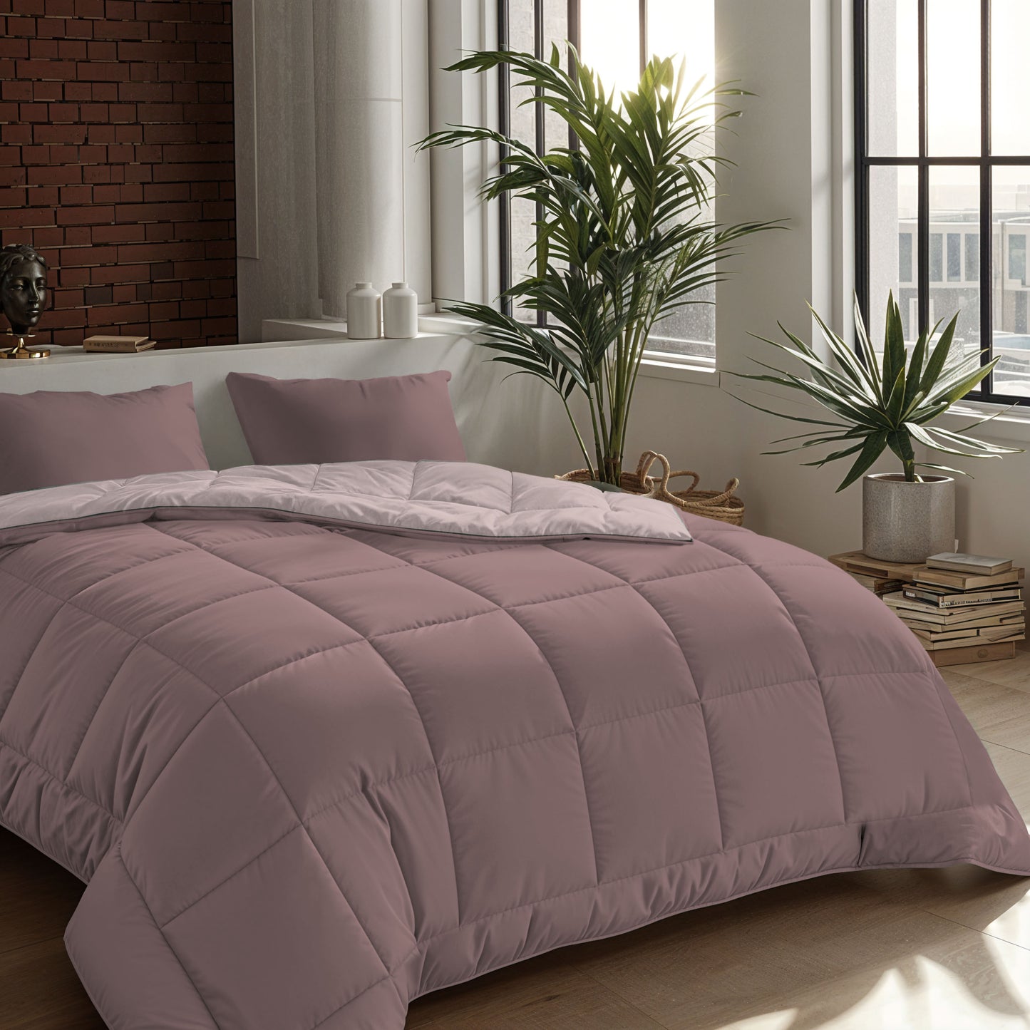 Een keurig opgemaakt bed met een mauve dekbed en de Zelesta Comfort Duo Kussensloop - Oudroze op microvezel kussens (60x70cm) in een moderne slaapkamer met grote ramen, een bakstenen muur, kamerplanten en boeken opgestapeld op de vloer.