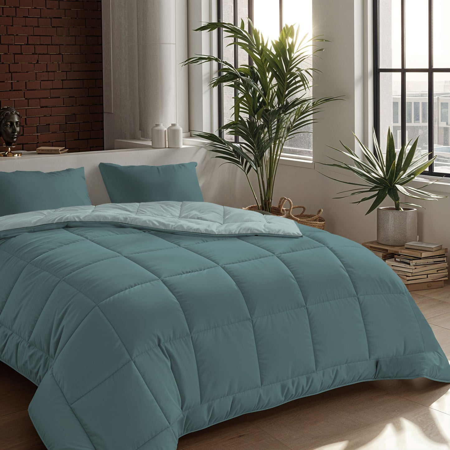 Een keurig opgemaakt bed met een groenblauw dekbed en twee Zelesta Comfort Duo Kussensloop - Mineraal kussens (60x70cm) in een moderne slaapkamer met grote ramen, potplanten en gestapelde boeken op de vloer.