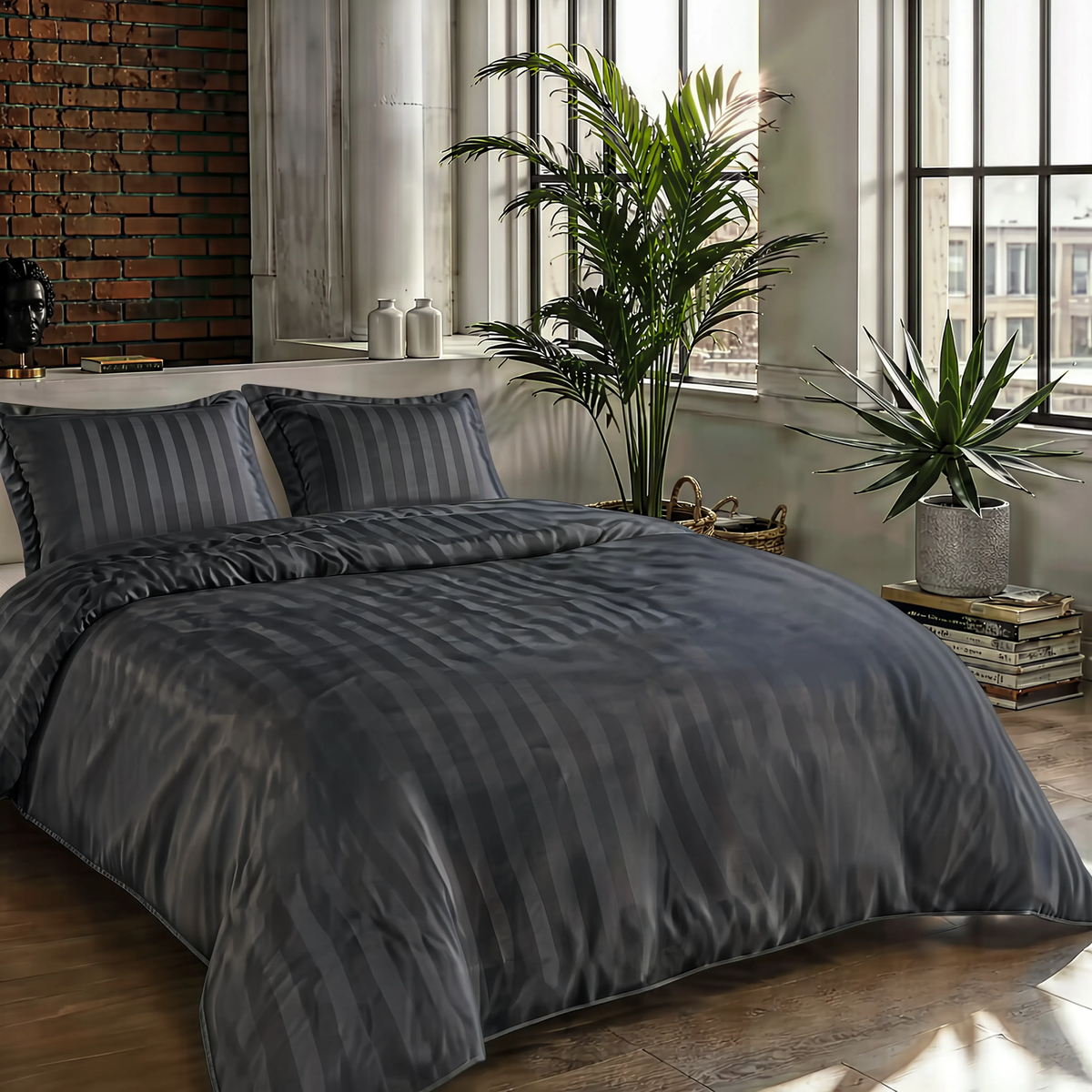 Zelesta Deluxe Hotel Stripe Satijn Katoen Dekbed - Antraciet