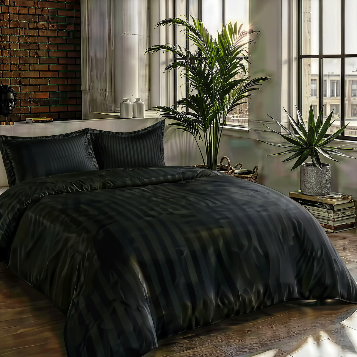 Zelesta Deluxe Hotel Stripe Satijn Katoen Dekbed - Zwart