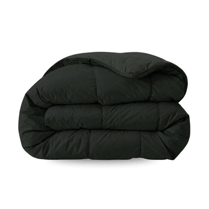 Het Zelesta Comfort Uni Dekbed - Zwart is een netjes opgevouwen, doorgestikt zwart dekbed, perfect voor alle seizoenen, tegen een witte achtergrond.