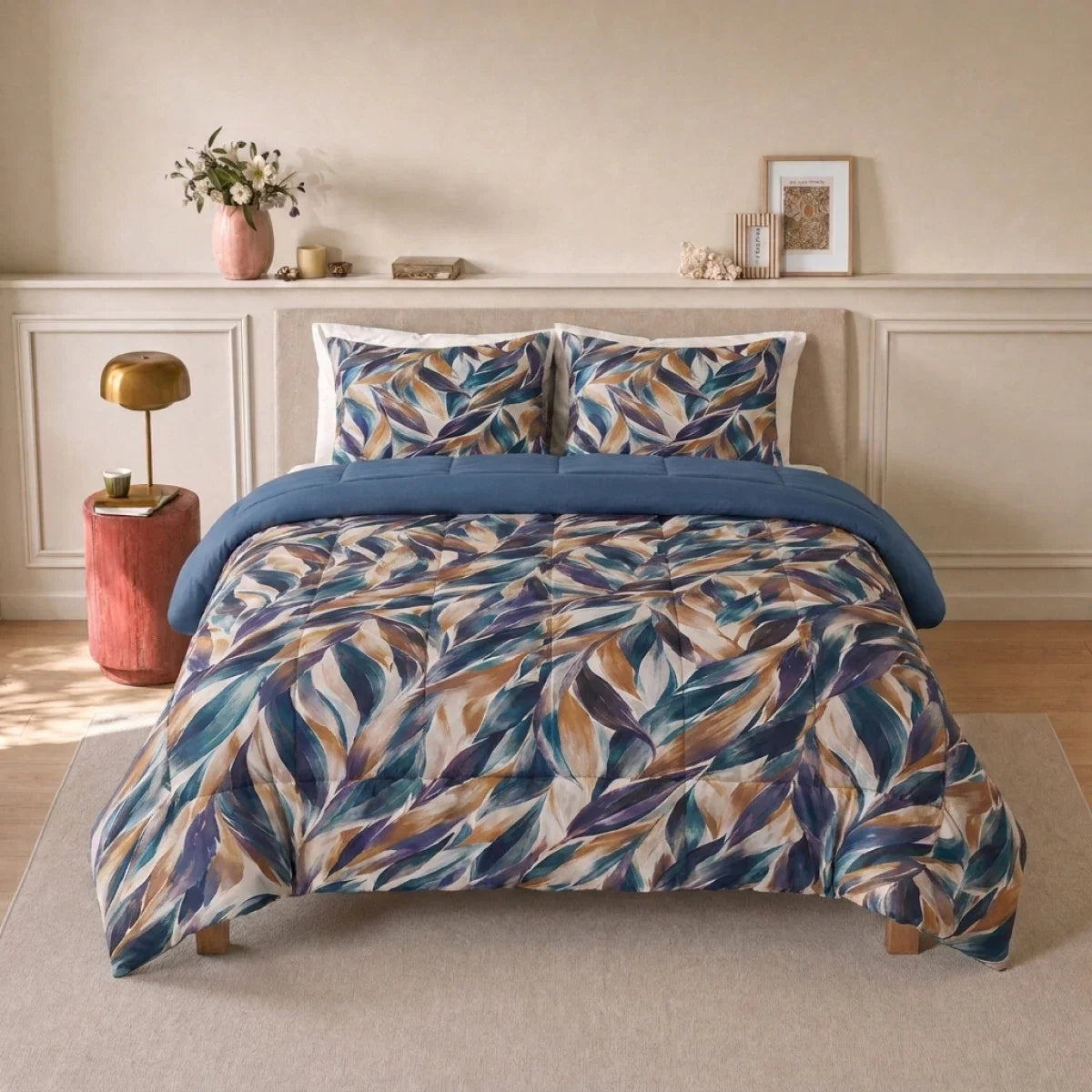 Zelesta Deluxe Design Satin Cotton Pillowcase - Blue Multicolor Leaves