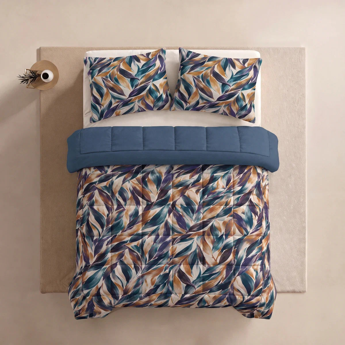 Zelesta Deluxe Design Satin Cotton Pillowcase - Blue Multicolor Leaves
