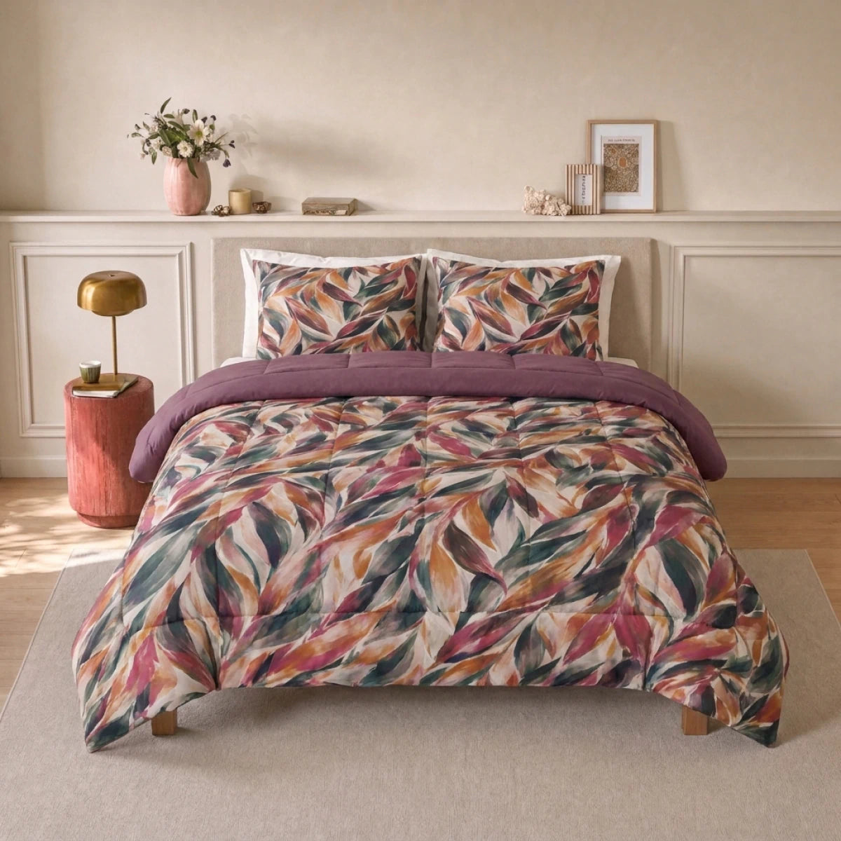 Zelesta Deluxe Design Satin Cotton - Pink Multicolor Leaves