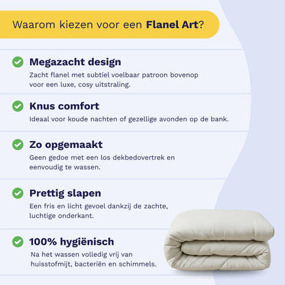 Nederlandstalige infographic die de voordelen van Zelesta Flanel Luxe - Crème beddengoed belicht, waaronder temperatuurregulerend comfort. Bevat opsommingstekens en een afbeelding van gevouwen Crème beddengoed in de rechter benedenhoek.