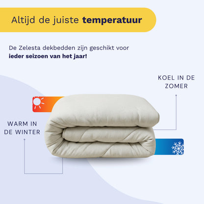 Het Zelesta Flanel Luxe - Creme dekbed is gevouwen, met labels die aangeven dat het warm is in de winter en koel in de zomer. Nederlandse teksten benadrukken het temperatuurregulerende comfort, waardoor het perfect is voor alle seizoenen.