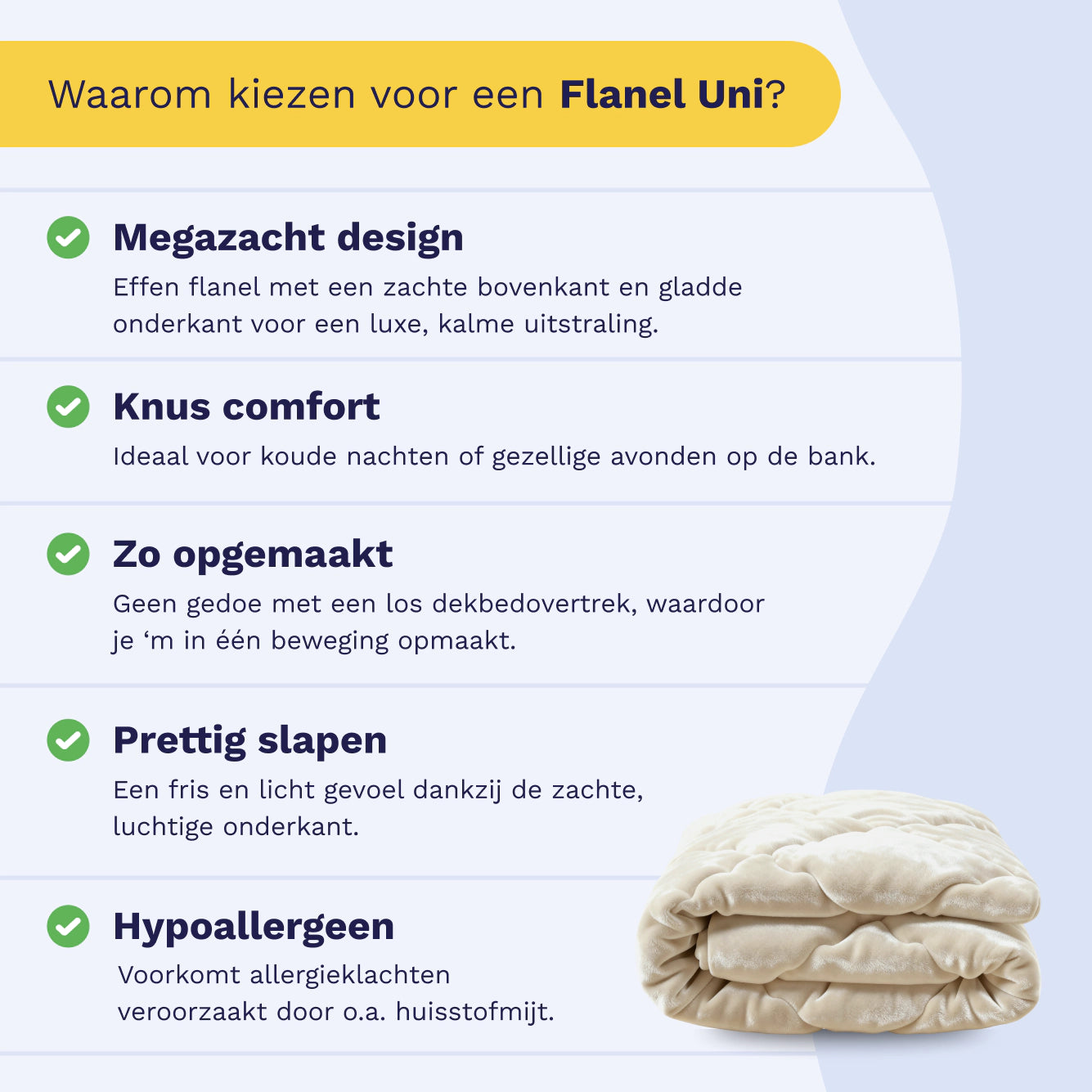 Nederlandstalige infographic met gele en blauwe achtergrond deelt vijf redenen om voor het Zelesta Flanel Uni - Beige dekbed te kiezen: temperatuurregulerend, zacht, comfortabel, makkelijk op te maken, beter slapen en hypoallergeen, met een afbeelding van het opgevouwen dekbed.