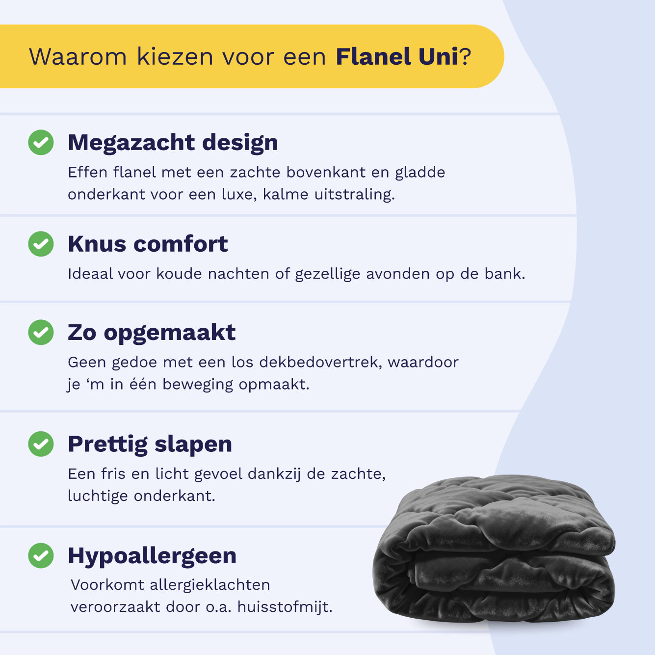 Infographic, getiteld "Waarom kiezen voor de Zelesta Flanel Uni - Zwart?" met vijf voordelen, zoals temperatuurregulerend, naast groene vinkjes. Rechtsonder zie je een opgevouwen donkergrijs flanellen dekbed.