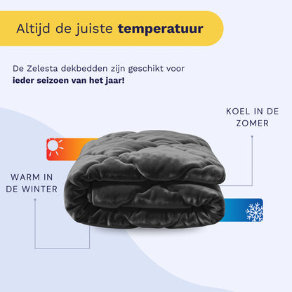 Het Zelesta Flanel Uni - Zwart dekbed is opgevouwen afgebeeld, met icoontjes en Nederlandse tekst. Het houdt je warm in de winter en koel in de zomer-dit temperatuurregulerende dekbed zorgt het hele jaar door voor het juiste slaapklimaat.