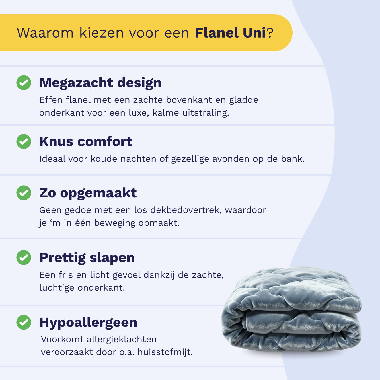 Nederlandstalige infographic getiteld Waarom kiezen voor een Zelesta Flanel Uni - Blue Mirage? met vijf voordelen (elk met groen vinkje) en een afbeelding van het blauw flanellen dekbed rechtsonder. Ideaal als temperatuurregulerend dekbed!.