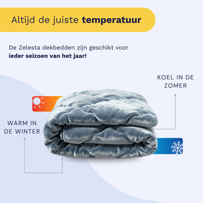 Een gevouwen blauw Zelesta Flanel Uni - Blue Mirage dekbed met pictogrammen laat zien dat het warm is in de winter en koel in de zomer. Nederlandse tekst benadrukt dit 2-in-1 dekbed is geschikt voor alle seizoenen en houdt de juiste temperatuur vast.