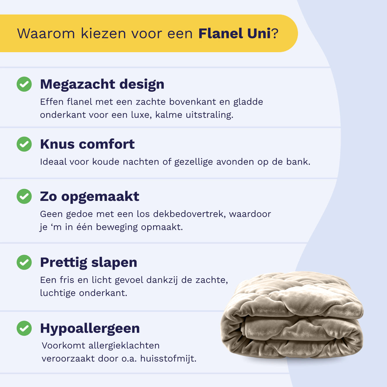 Nederlandse infographic met de titel "Waarom kiezen voor een Zelesta Flanel Uni - Taupe?" toont voordelen van dit dekbed: ultra-zacht, gezellig comfort, blijft netjes, goede slaap, hypoallergeen en temperatuurregulerend; taupe dekbed rechtsonder.