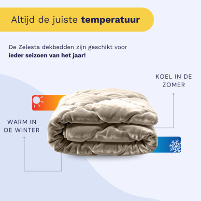 Het Zelesta Flanel Uni - Taupe is een gevouwen beige dekbed met het label voor warmte in de winter en koelte in de zomer. De Nederlandse tekst benadrukt dit 2-in-1 dekbed als temperatuurregulerend, waardoor het perfect is voor alle seizoenen en altijd precies goed.