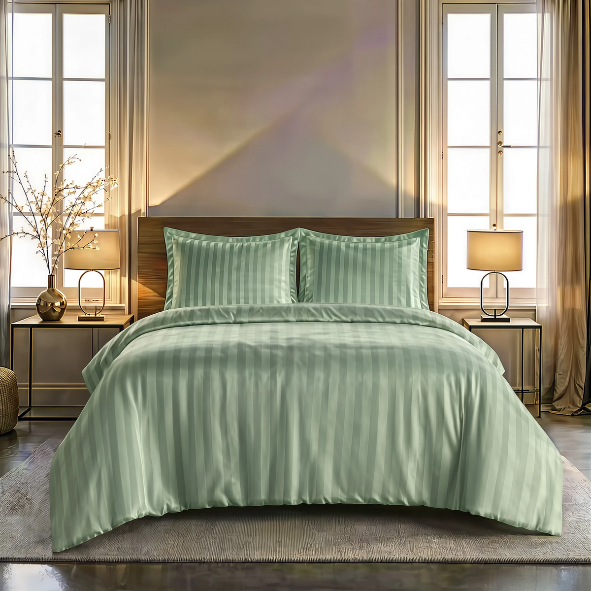 Zelesta Deluxe Hotel Stripe Satijn Katoen Dekbed - Groen