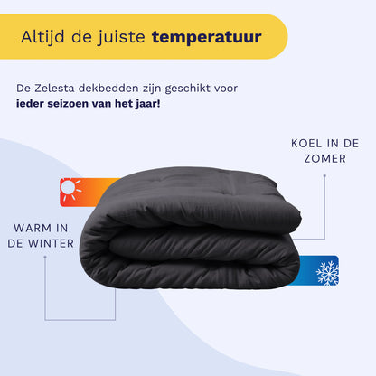 De Zelesta Japandibed Katoen Mousseline in antraciet wordt gevouwen getoond, met pictogrammen die warmte in de winter en koelte in de zomer aangeven; Nederlandse tekst benadrukt de geschiktheid voor alle seizoenen.
