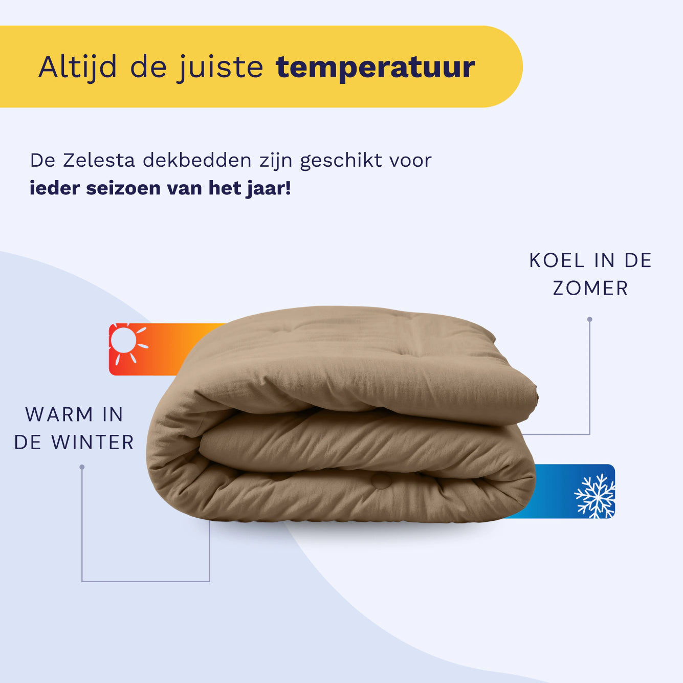 Het Zelesta Japandibed Katoen Mousseline - Bruin is opgevouwen afgebeeld, met tekst die de warmte in de winter, de koelte in de zomer, het mousseline katoen-materiaal en het 2-in-1 dekbedontwerp benadrukt - perfect voor alle seizoenen.