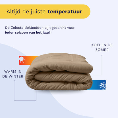 Het Zelesta Japandibed Katoen Mousseline - Bruin is opgevouwen afgebeeld, met tekst die de warmte in de winter, de koelte in de zomer, het mousseline katoen-materiaal en het 2-in-1 dekbedontwerp benadrukt - perfect voor alle seizoenen.